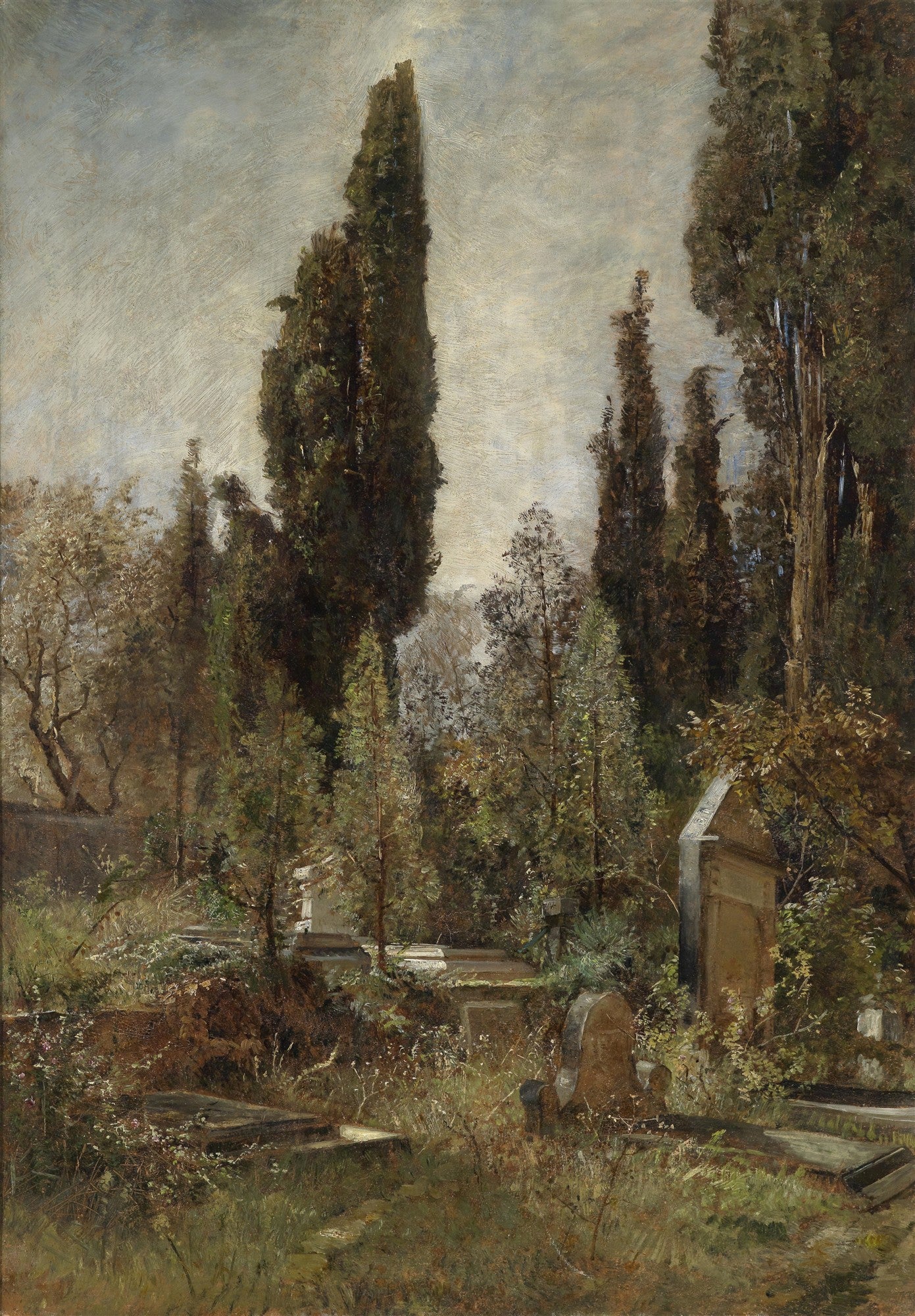 Pintura a óleo de um cemitério antigo e arborizado, com ciprestes altos e túmulos de pedra semi-ocultos pela vegetação exuberante sob um céu nublado. A luz é suave e difusa, criando uma atmosfera contemplativa.