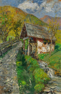 Pintura a óleo de um moinho de água rústico em uma paisagem montanhosa, com árvores de folhas amarelas e verdes vibrantes, um riacho e um caminho de terra. O céu é azul com nuvens brancas. Assinado 'M. Egner'.