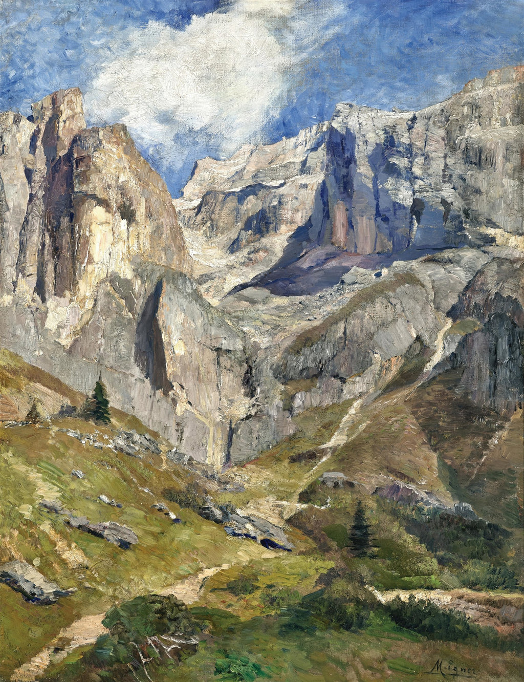 Pintura a óleo de Marie Egner retratando uma majestosa paisagem alpina com montanhas rochosas cinzentas e encostas verdes, sob um céu azul com nuvens brancas, com trilhas sinuosas.