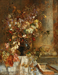 Quadro decorativo detalhado de natureza-morta floral em vaso escuro, com flores, frutas e folhas outonais, e um livro aberto ao lado, assinado 'M. Egner'.