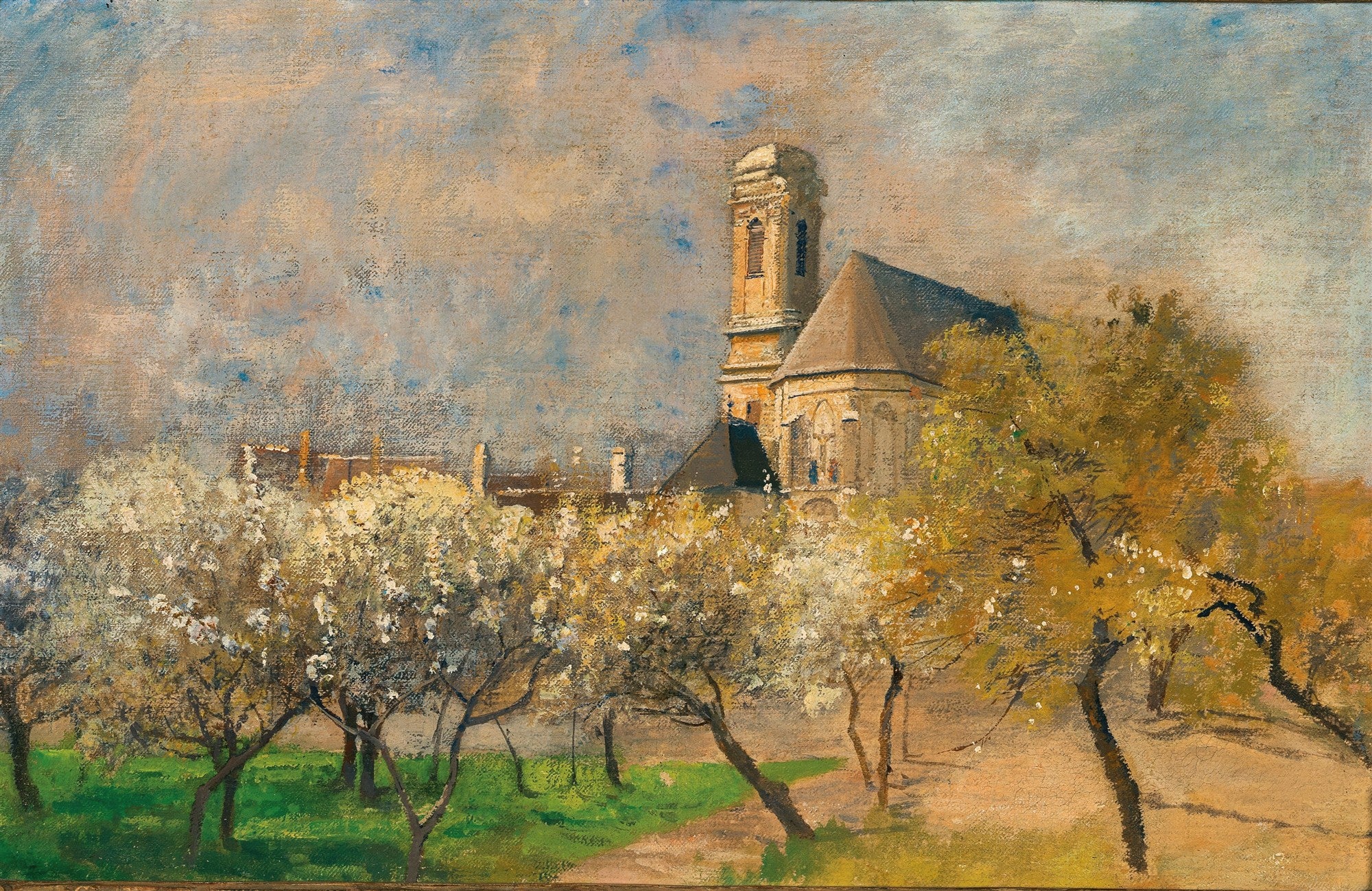 Quadro decorativo paisagem primaveril de Marie Egner, com árvores floridas brancas e uma igreja com torre sineira ao fundo sob céu nublado.