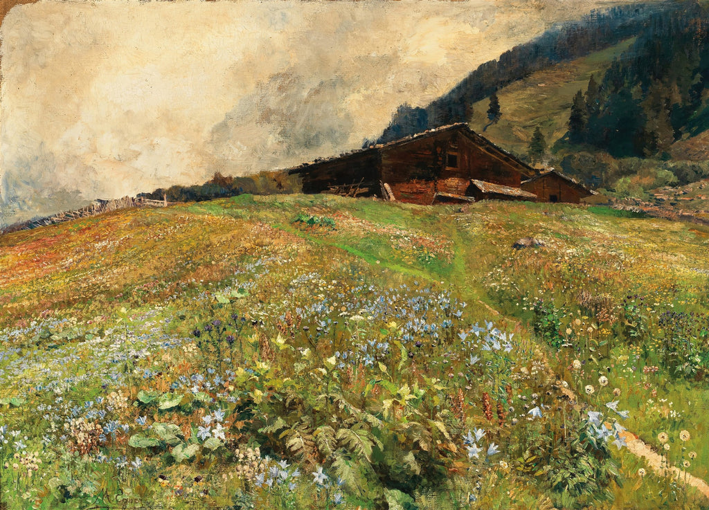 Pintura a óleo de um campo florido em montanha com uma cabana de madeira rústica no topo da colina, sob um céu parcialmente nublado, atribuída a Marie Egner. As flores em primeiro plano são azuis, brancas e roxas.
