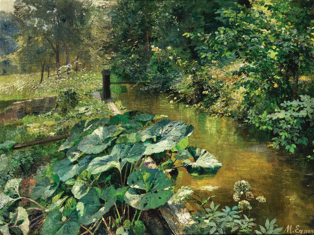 Pintura a óleo de uma paisagem exuberante com folhagens verdes grandes em primeiro plano, um riacho com reflexos da luz e árvores ao fundo. A assinatura 'M. Egner' é visível no canto inferior direito.