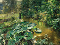 Pintura a óleo de uma paisagem exuberante com folhagens verdes grandes em primeiro plano, um riacho com reflexos da luz e árvores ao fundo. A assinatura 'M. Egner' é visível no canto inferior direito.