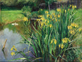 Quadro decorativo mostrando um lago com patos ao fundo e uma vasta plantação de írises amarelos vibrantes em primeiro plano, com vegetação verde exuberante ao redor. Estilo impressionista.