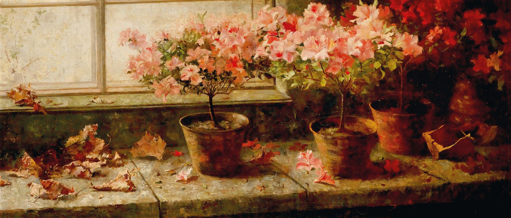 Pintura a óleo de azaleias cor-de-rosa e vermelhas em vasos sobre um parapeito de janela com folhas secas caídas, atribuída a Marie Egner.