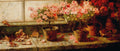 Pintura a óleo de azaleias cor-de-rosa e vermelhas em vasos sobre um parapeito de janela com folhas secas caídas, atribuída a Marie Egner.