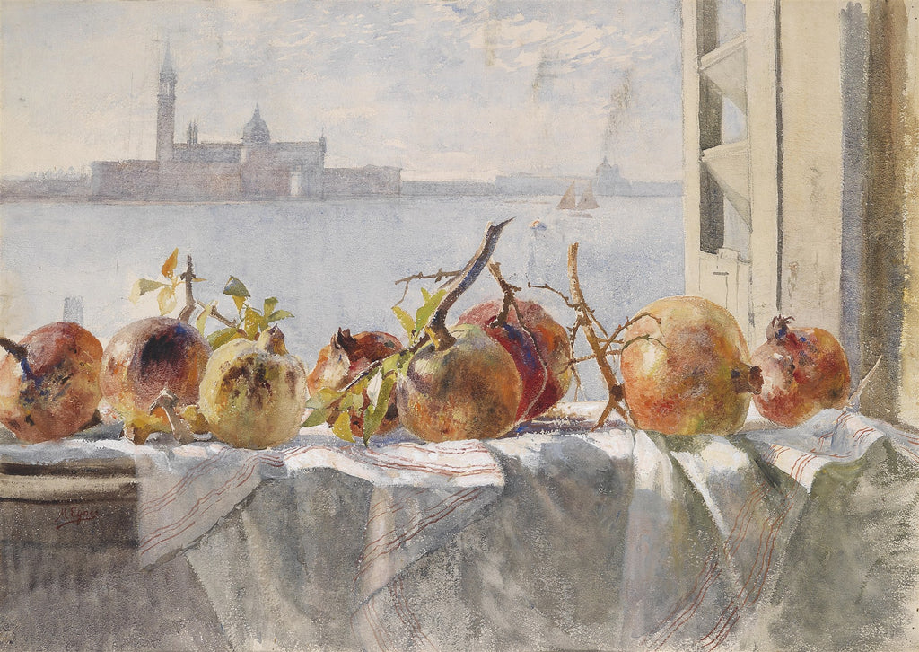 Quadro decorativo 'Natureza-Morta com Romãs e Vista de Veneza' de Marie Egner, representando romãs sobre uma mesa com vista para Veneza ao fundo, em tons pastéis e azuis.