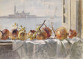 Quadro decorativo 'Natureza-Morta com Romãs e Vista de Veneza' de Marie Egner, representando romãs sobre uma mesa com vista para Veneza ao fundo, em tons pastéis e azuis.