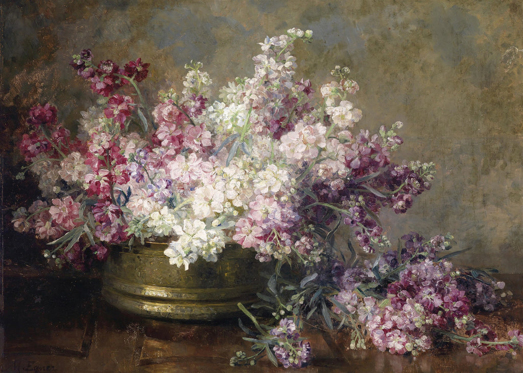 Quadro decorativo mostrando um cesto de flores em tons de rosa, branco e roxo, com fundo escuro e rústico. A assinatura 'M. Egner' é visível no canto inferior esquerdo.