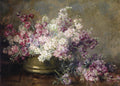 Quadro decorativo mostrando um cesto de flores em tons de rosa, branco e roxo, com fundo escuro e rústico. A assinatura 'M. Egner' é visível no canto inferior esquerdo.