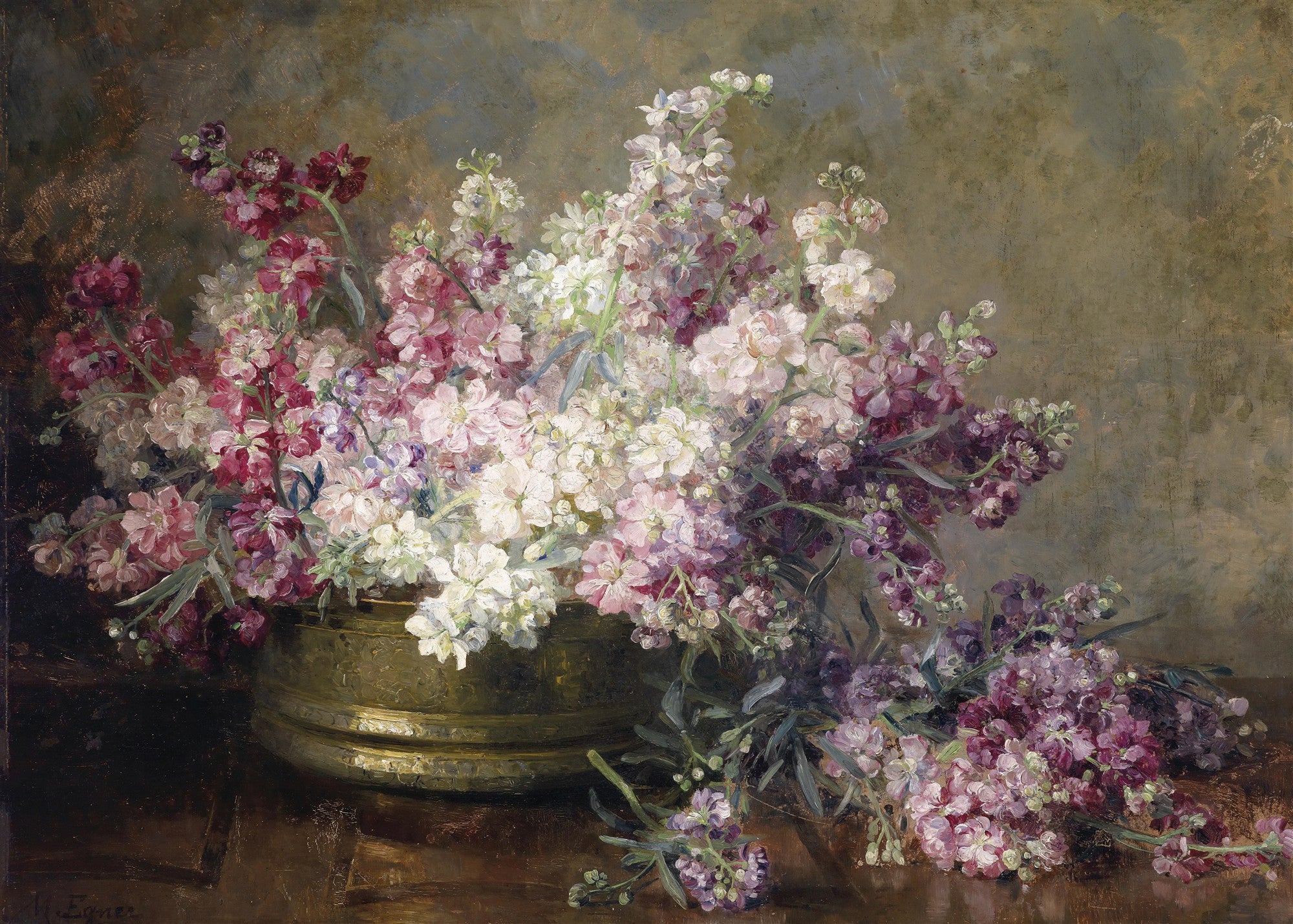 Quadro decorativo mostrando um cesto de flores em tons de rosa, branco e roxo, com fundo escuro e rústico. A assinatura 'M. Egner' é visível no canto inferior esquerdo.