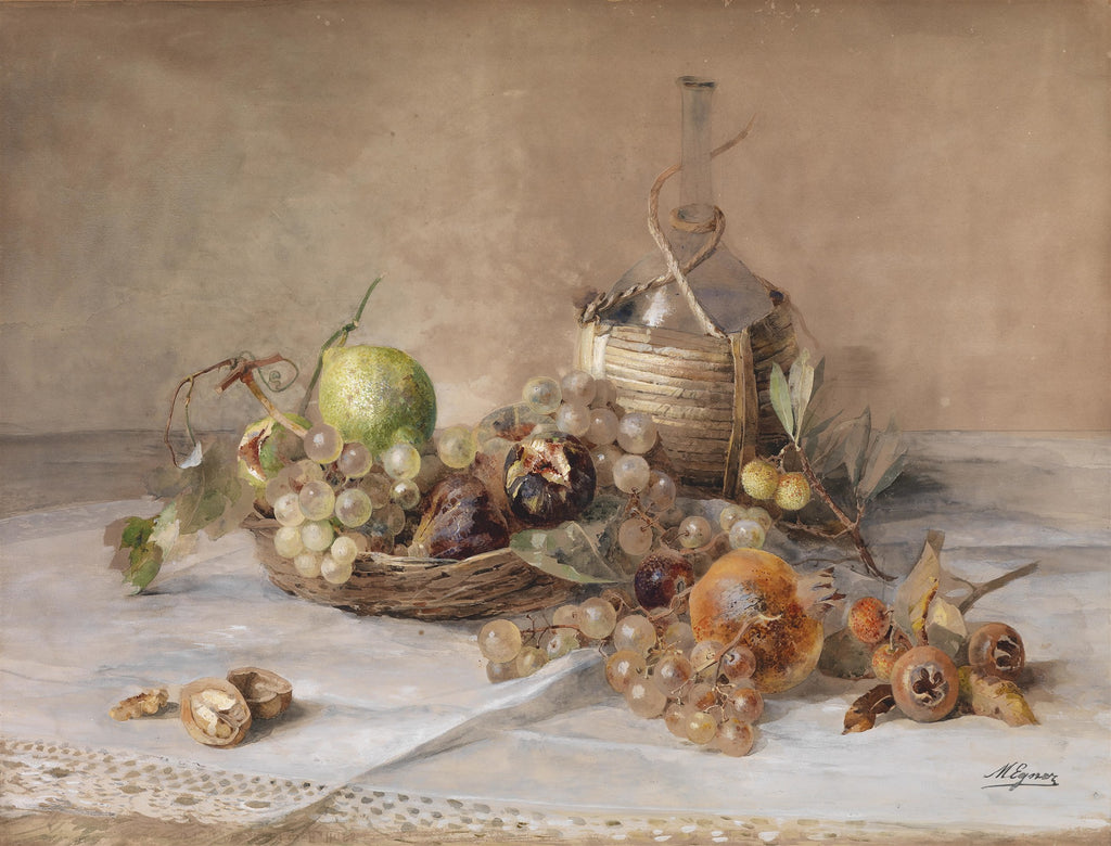 Quadro decorativo detalhado de natureza-morta com frutas como uvas, figos e romãs, além de nozes e uma garrafa de vidro, pintado por Marie Egner.