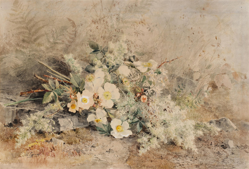 Quadro decorativo com aquarela de rosas silvestres brancas e folhagens verdes em tons terrosos, com assinatura de Marie Egner no canto inferior esquerdo.