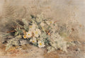 Quadro decorativo com aquarela de rosas silvestres brancas e folhagens verdes em tons terrosos, com assinatura de Marie Egner no canto inferior esquerdo.