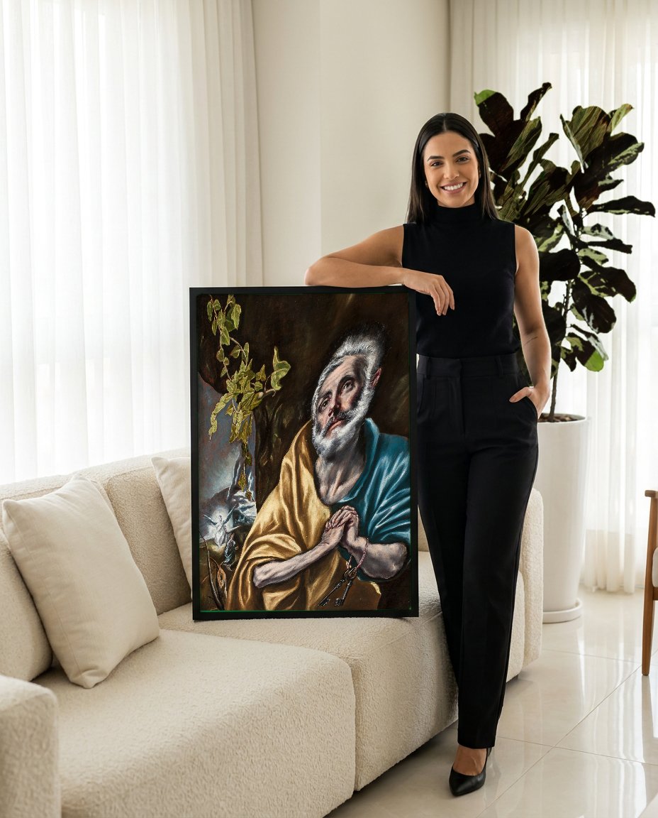 Quadro Decorativo São Pedro em Lágrimas - El Greco com modelo em ambiente