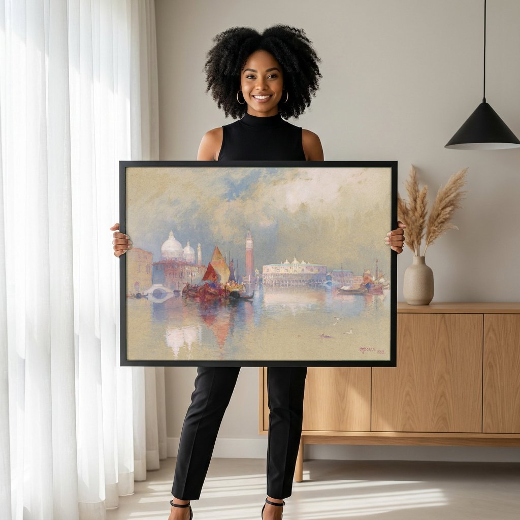 Quadro Decorativo Vista de Veneza - Thomas Moran com modelo em ambiente