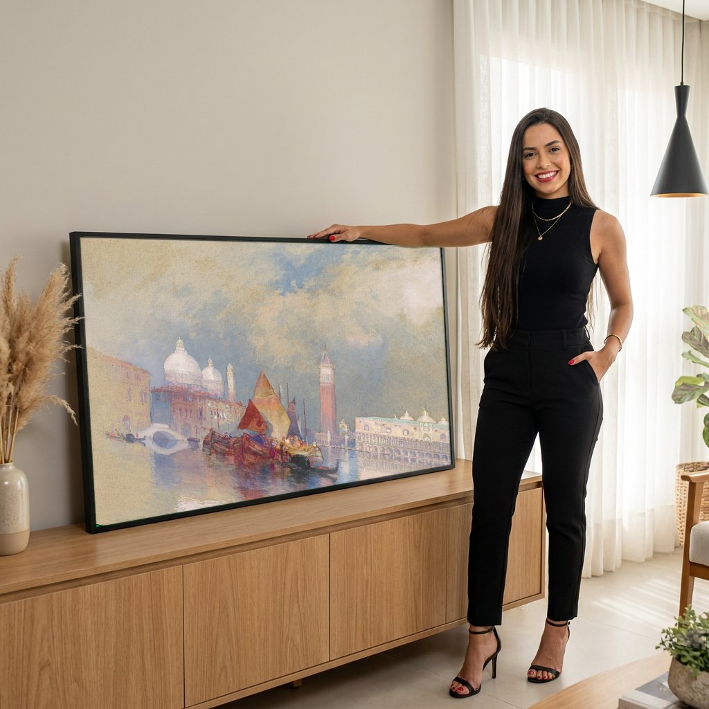 Quadro Decorativo Vista de Veneza - Thomas Moran com modelo em ambiente