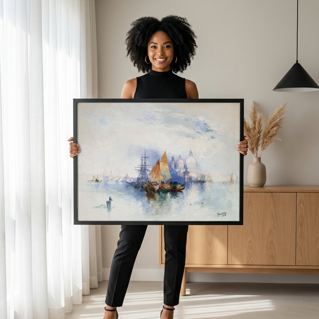 Quadro Decorativo Porto de Veneza - Thomas Moran com modelo em ambiente
