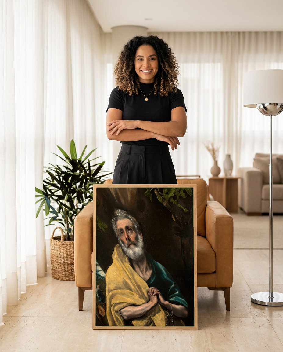 Quadro Decorativo São Pedro em Lágrimas - El Greco com modelo em ambiente