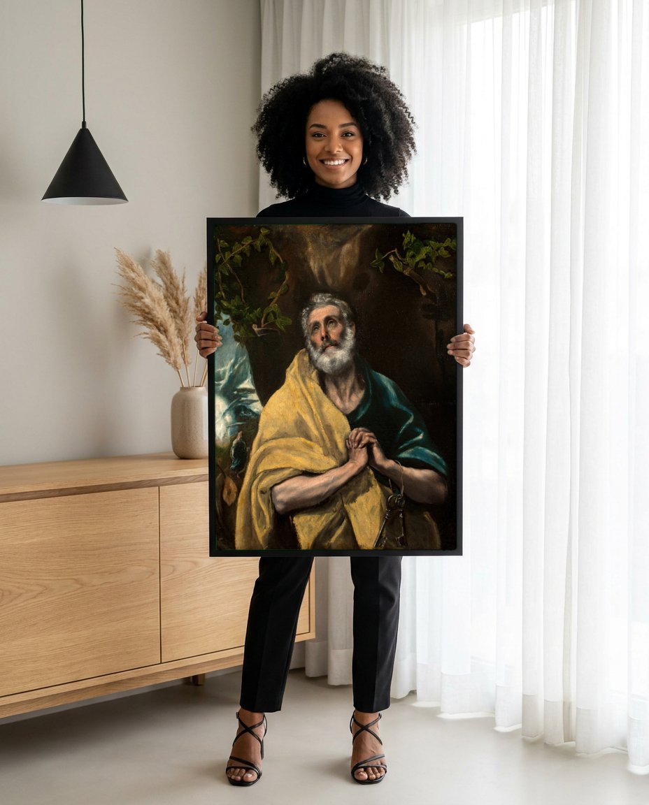 Quadro Decorativo São Pedro em Lágrimas - El Greco com modelo em ambiente