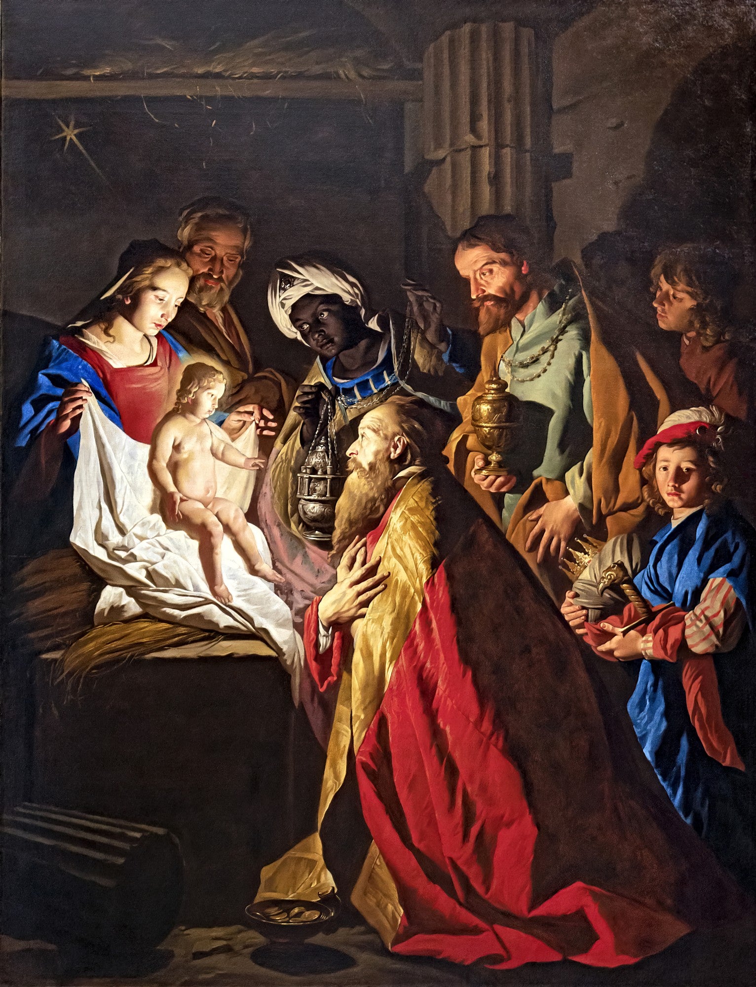 Pintura barroca "A Adoração dos Magos" de Matthias Stomer, retratando a Virgem Maria, São José e os Três Reis Magos adorando o Menino Jesus, iluminados por uma luz dramática. Cores ricas e contrastes intensos de claro e escuro.