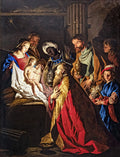 Pintura barroca Adoração dos Magos de Matthias Stomer, com Maria, José e o Menino Jesus sendo adorados pelos Reis Magos em uma cena noturna iluminada.