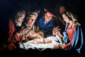 Quadro decorativo "Adoracao dos Pastores" de Matthias Stomer, com figuras reunidas em torno de um bebê iluminado, em estilo tenebrista barroco.