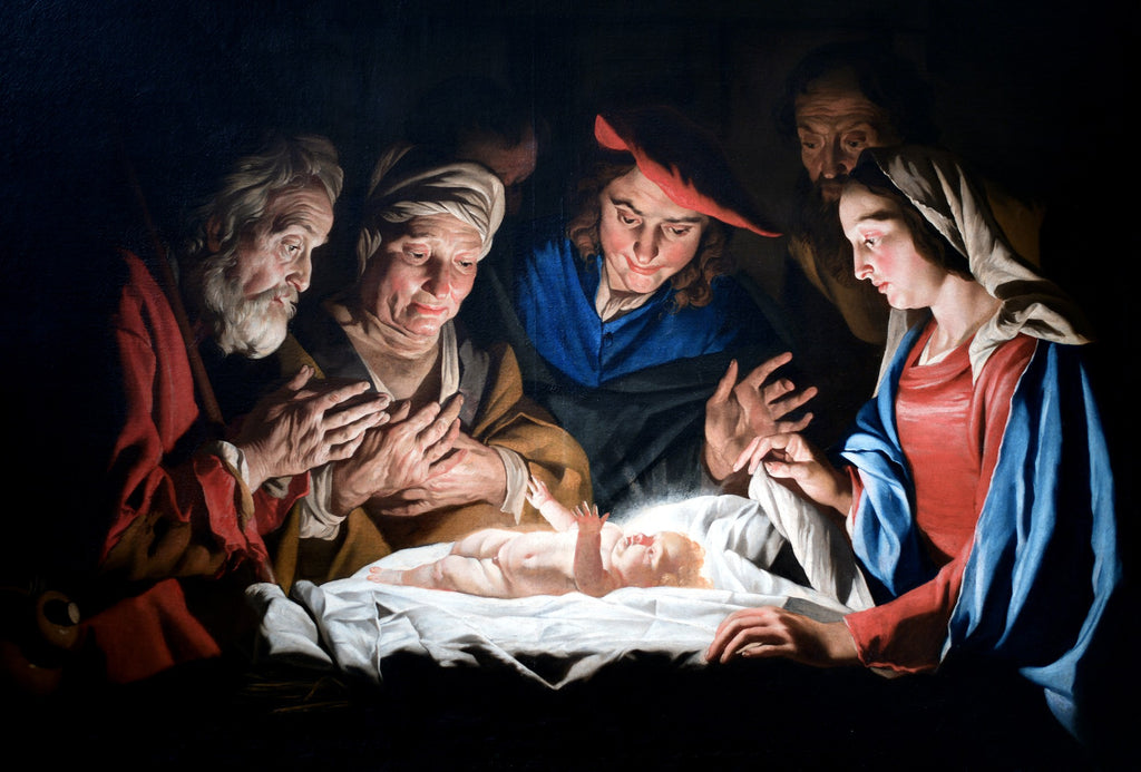 Quadro decorativo "A Adoração dos Pastores" de Matthias Stomer, representando a cena bíblica com figuras iluminadas por uma luz central emanando do menino Jesus, em estilo barroco tenebrista.