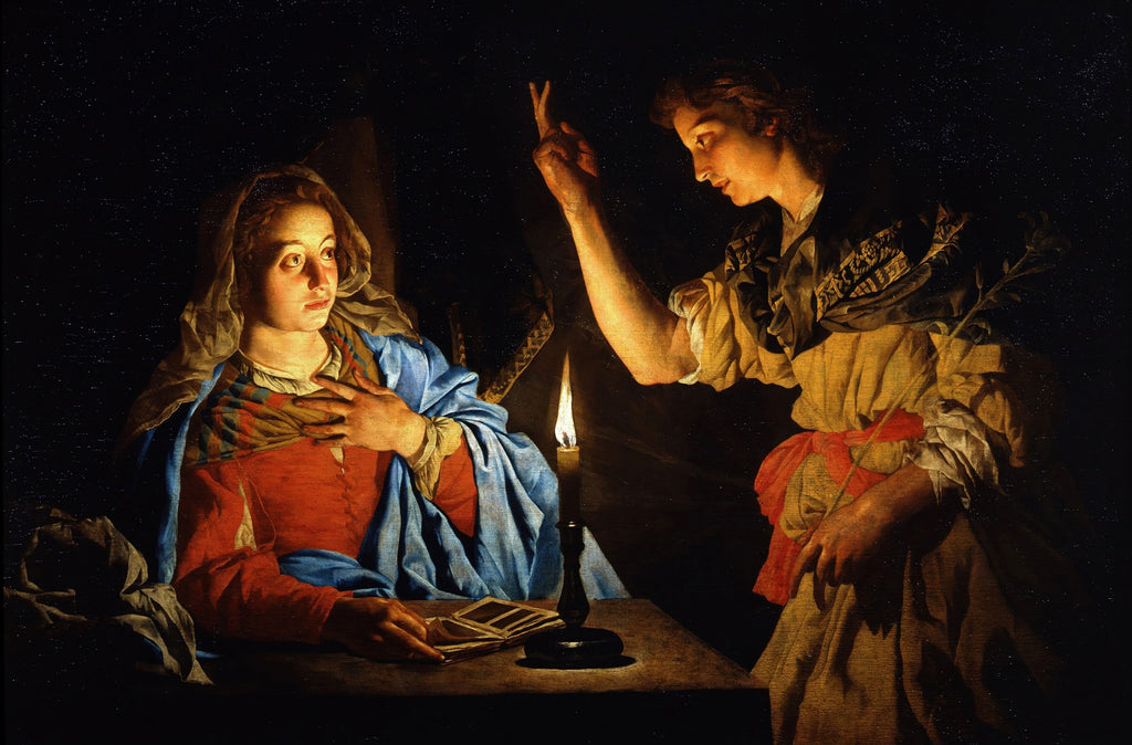 Quadro decorativo 'A Anunciação' de Matthias Stomer, mostrando a Virgem Maria surpresa diante de um anjo em um ambiente escuro iluminado por uma vela.