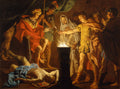 Pintura barroca de Matthias Stomer, 'A Morte de Sêneca', retratando uma cena dramática com múltiplos personagens iluminados por uma luz central, com um homem caído no chão, representando Sêneca, e outros em torno de um altar com fogo.
