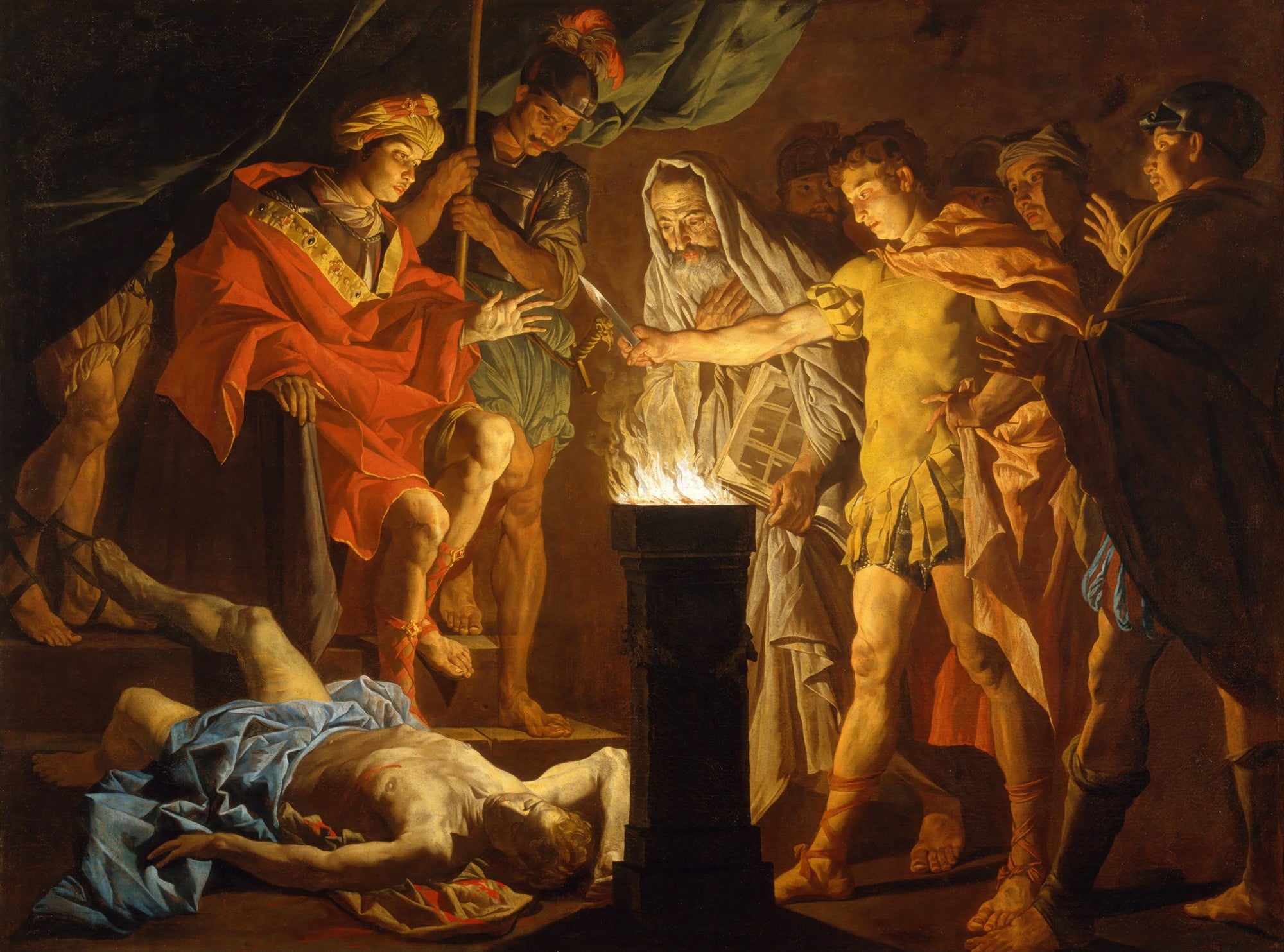Pintura barroca de Matthias Stomer, 'A Morte de Sêneca', retratando uma cena dramática com múltiplos personagens iluminados por uma luz central, com um homem caído no chão, representando Sêneca, e outros em torno de um altar com fogo.