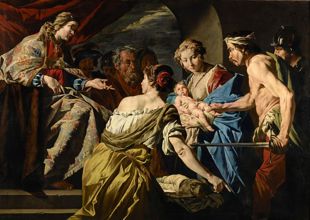 Quadro decorativo mostrando a obra 'O Julgamento de Salomão' atribuída a Matthias Stomer. A cena dramática apresenta o rei Salomão à esquerda, duas mulheres disputando um bebê, e um soldado com uma espada, em um ambiente de luz e sombra intensas.