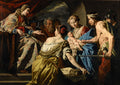 Quadro decorativo mostrando a obra 'O Julgamento de Salomão' atribuída a Matthias Stomer. A cena dramática apresenta o rei Salomão à esquerda, duas mulheres disputando um bebê, e um soldado com uma espada, em um ambiente de luz e sombra intensas.