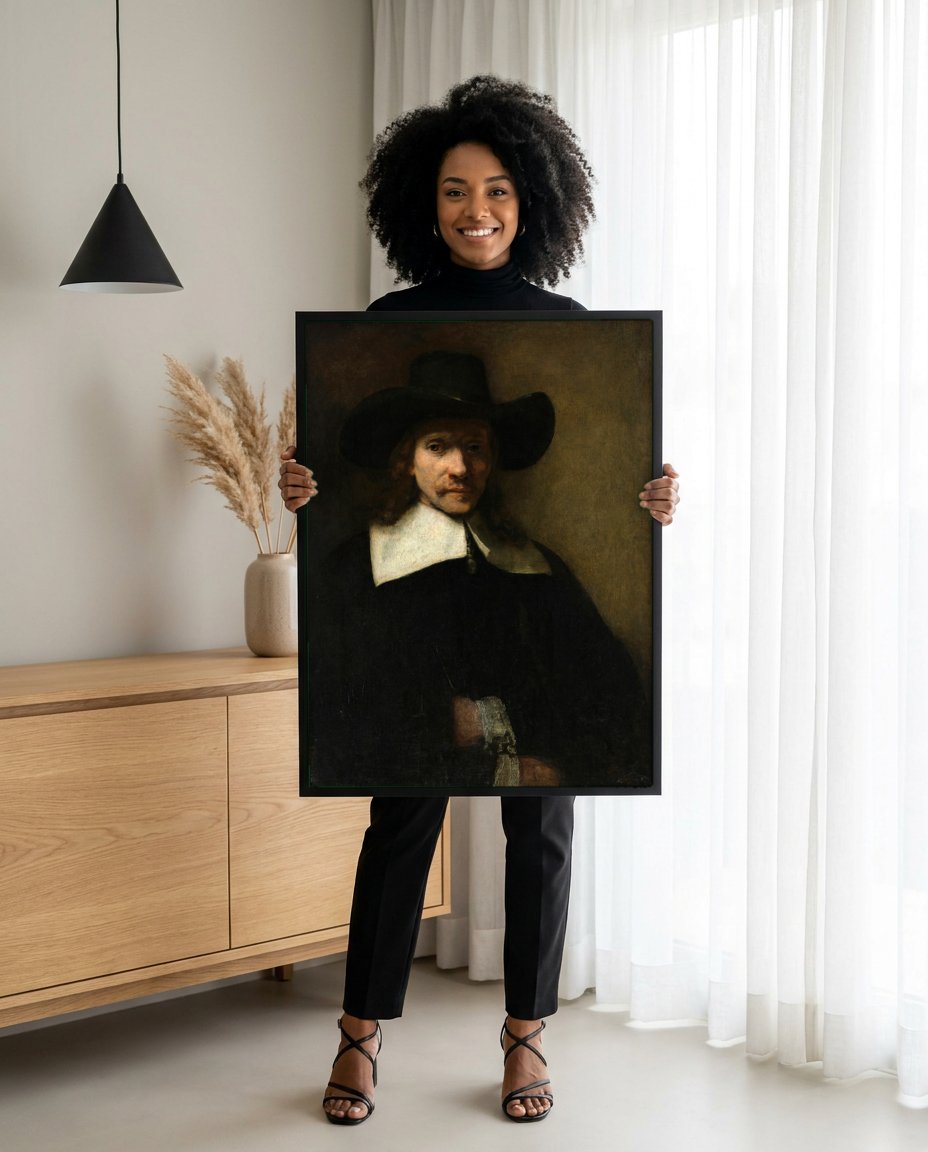 Quadro Decorativo Homem com Chapéu - Rembrandt com modelo em ambiente