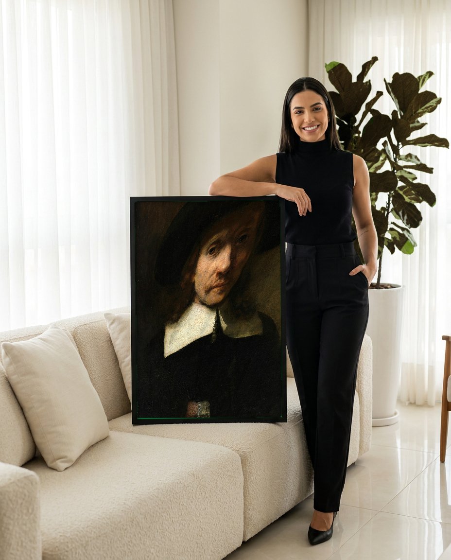 Quadro Decorativo Homem com Chapéu - Rembrandt com modelo em ambiente