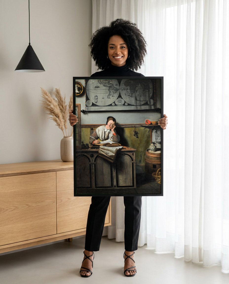 Quadro Decorativo A Contabilista Adormecida - Nicolaes Maes com modelo em ambiente