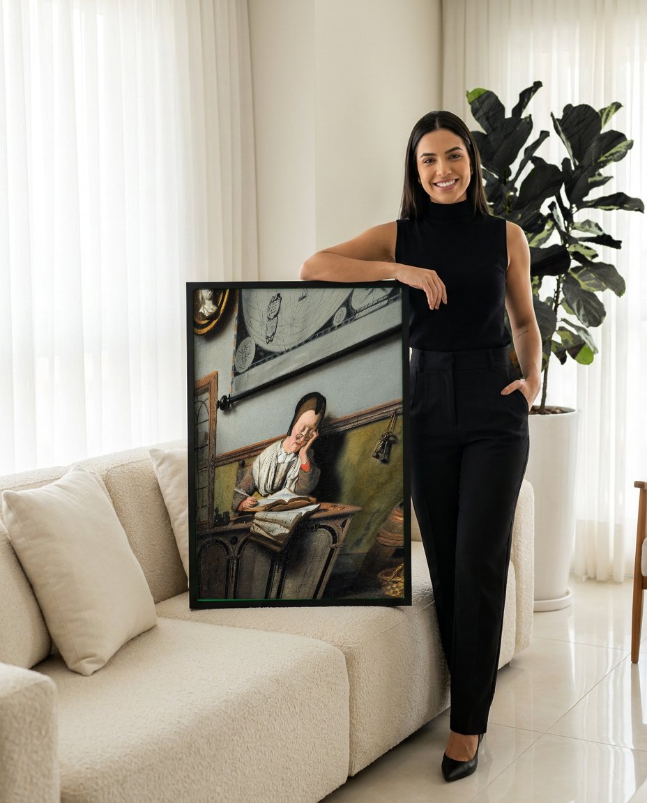 Quadro Decorativo A Contabilista Adormecida - Nicolaes Maes com modelo em ambiente