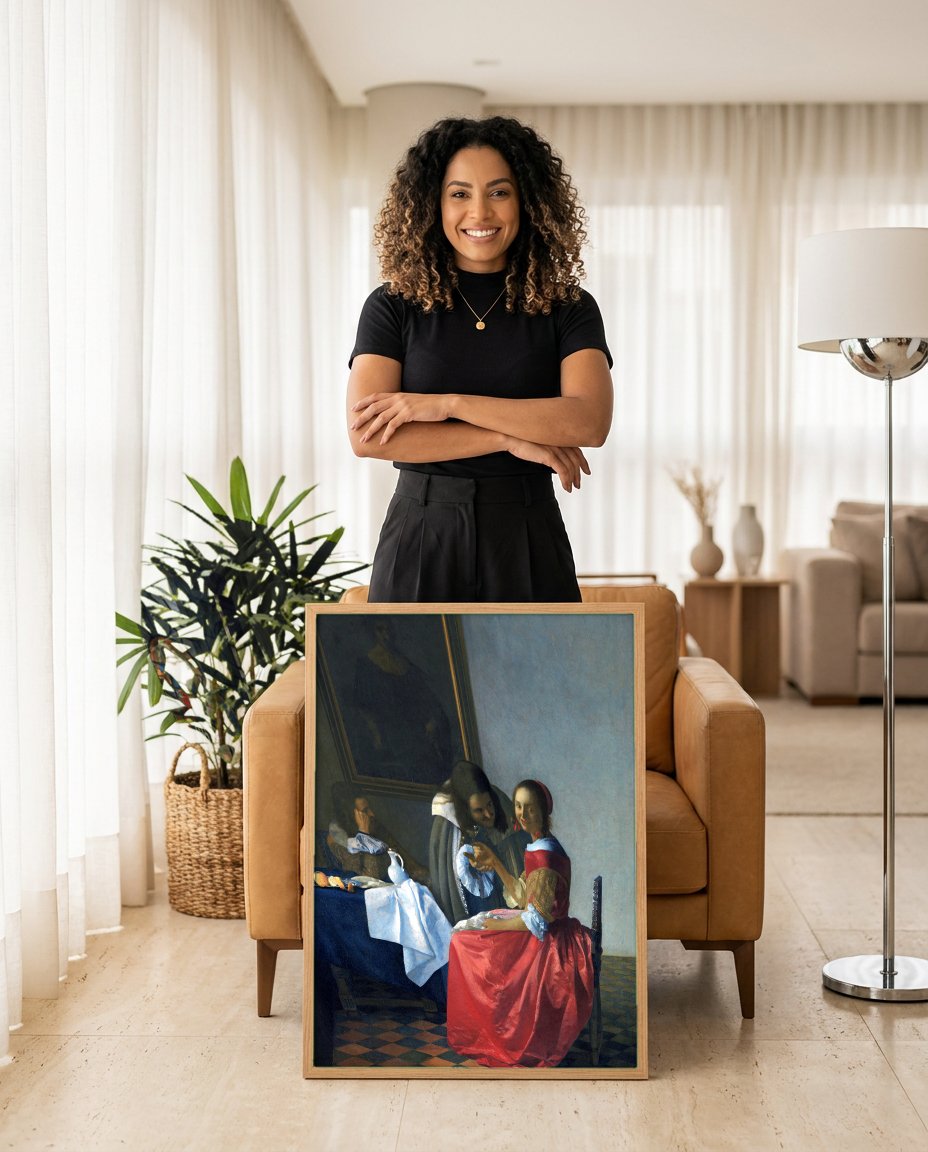 Quadro Decorativo A Taça de Vinho - Vermeer com modelo em ambiente