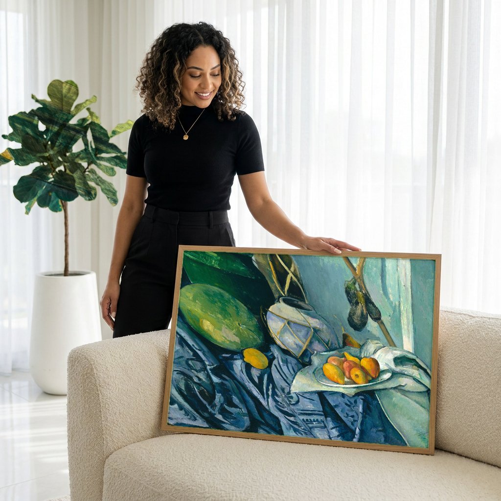 Quadro Decorativo Natureza-Morta com Melancia e Peras - Cézanne com modelo em ambiente