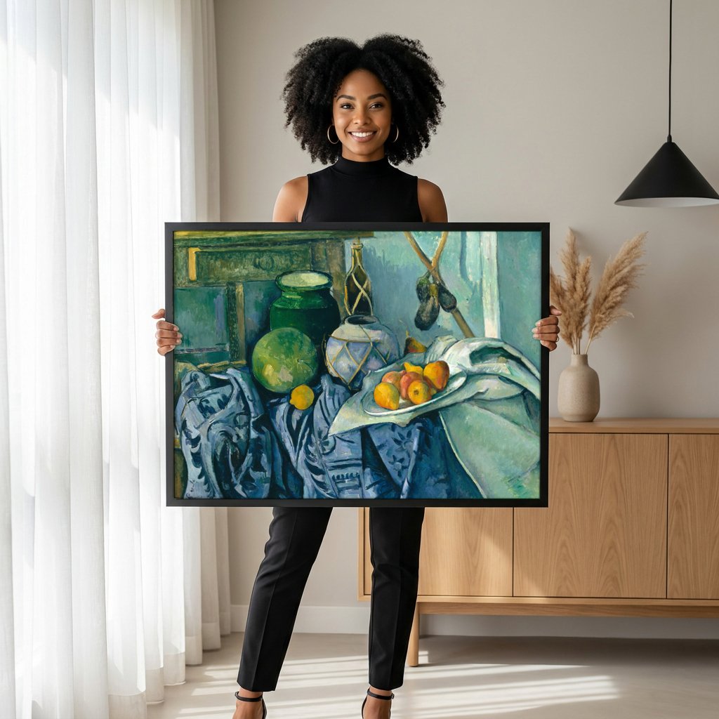 Quadro Decorativo Natureza-Morta com Melancia e Peras - Cézanne com modelo em ambiente