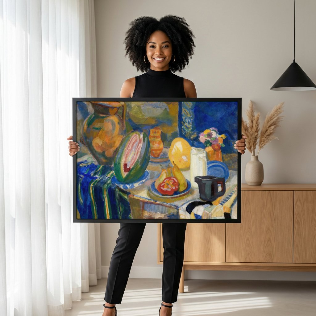 Quadro Decorativo Natureza-Morta com Melancia - Robert Delaunay com modelo em ambiente