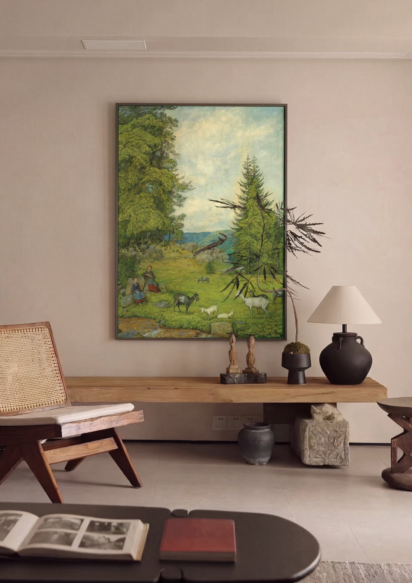 Quadro Decorativo Campo com Cabras e Meninas - Hans Thoma em ambiente decorado