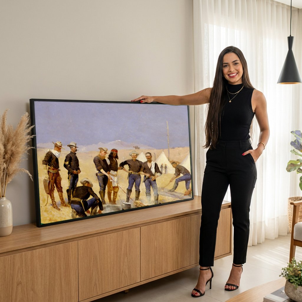 Quadro Decorativo A Cozinha do Acampamento - Frederic Remington com modelo em ambiente