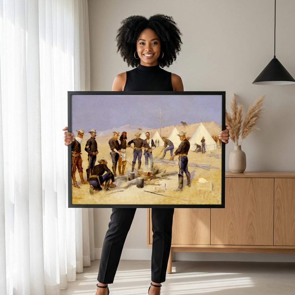 Quadro Decorativo A Cozinha do Acampamento - Frederic Remington com modelo em ambiente