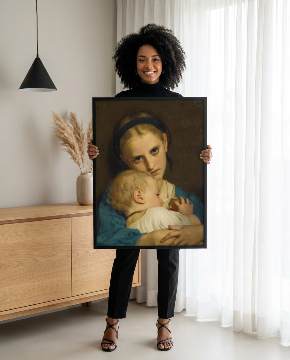 Quadro Decorativo A Jovem Mãe - Hugues Merle com modelo em ambiente