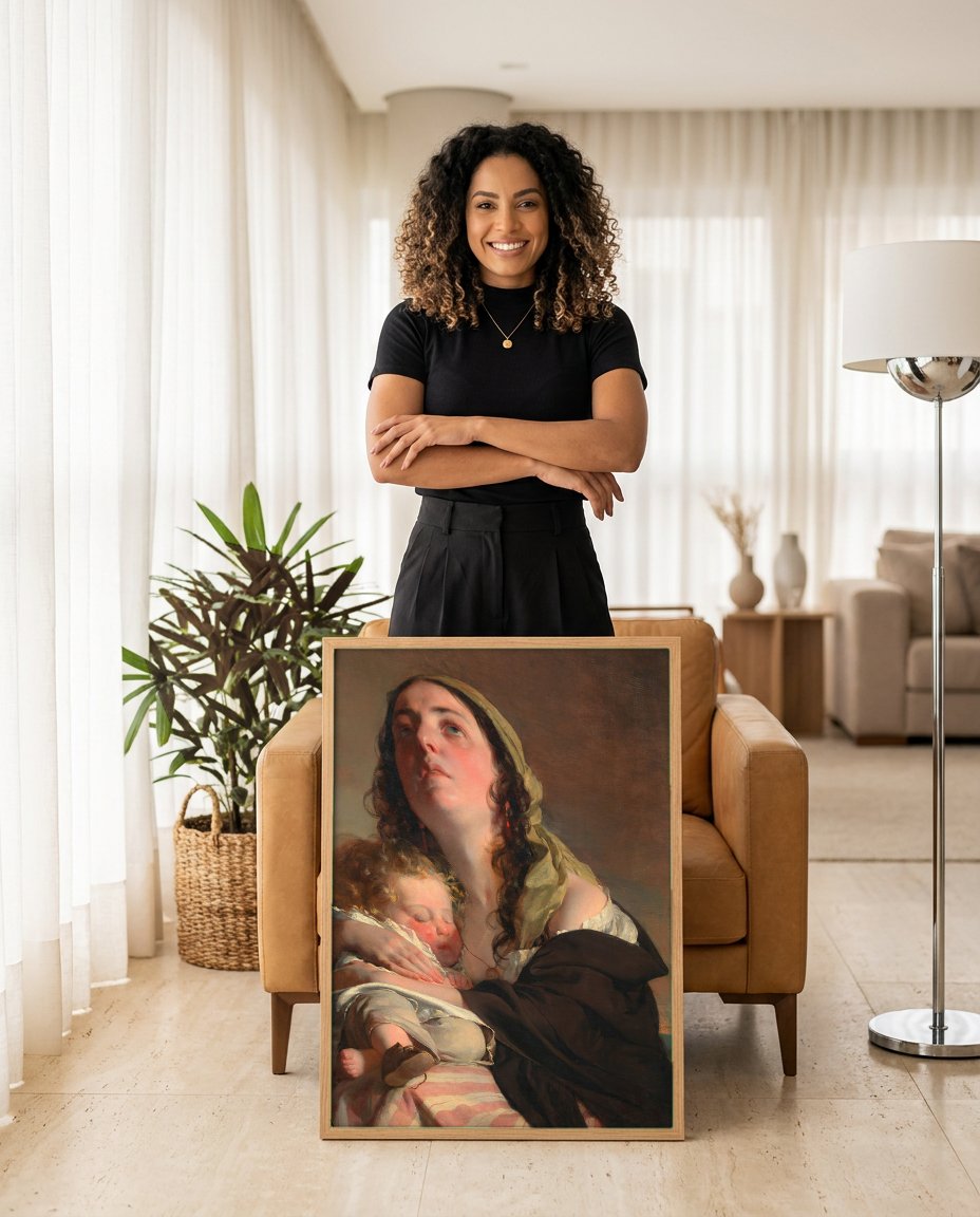 Quadro Decorativo Mãe e Filho - F. von Amerling com modelo em ambiente