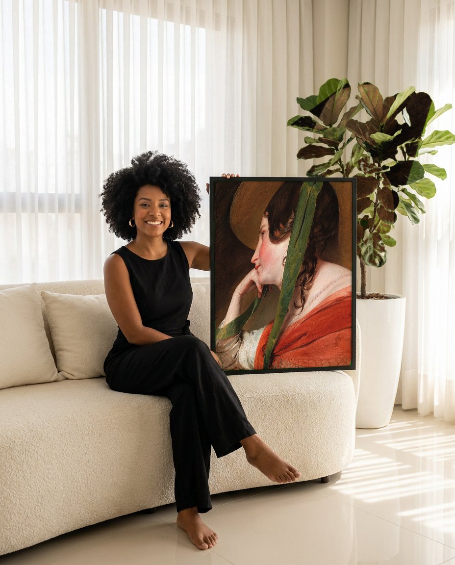 Quadro Decorativo 'A Jovem do Chapéu' - Amerling com modelo em ambiente