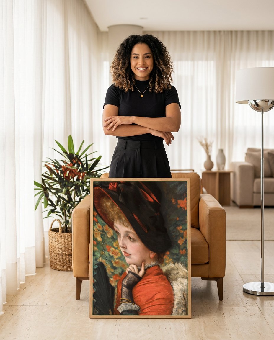 Quadro Decorativo A Dama do Leque - James Tissot com modelo em ambiente