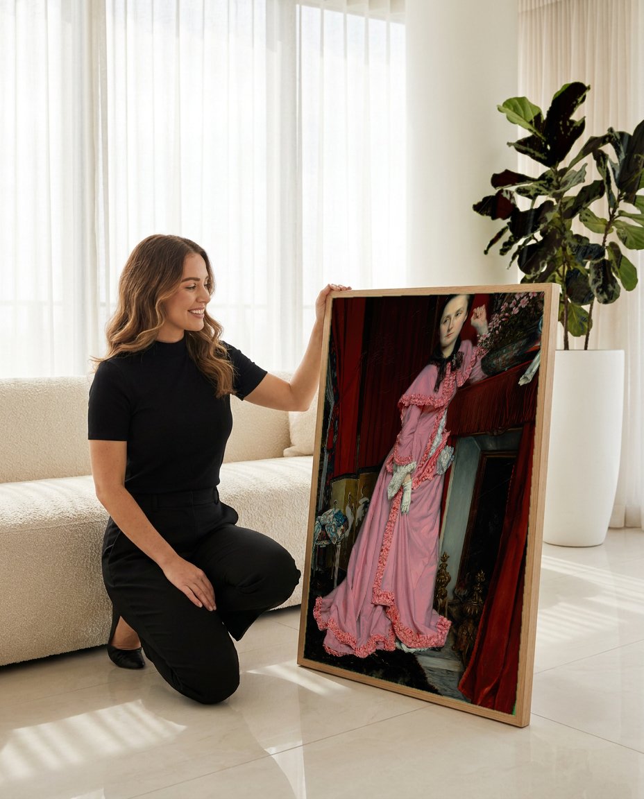 Quadro Decorativo A Mulher de Rosa - James Tissot com modelo em ambiente